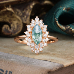 1 Carat Marquise Cut Moss Agate Ring Vintage Cluster Wedding Ring