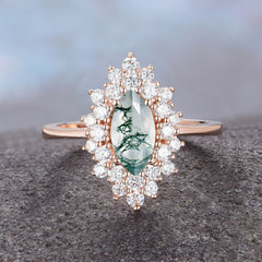 1 Carat Marquise Cut Moss Agate Ring Vintage Cluster Wedding Ring