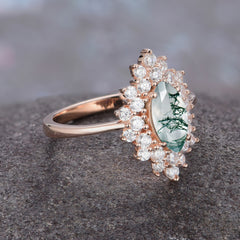 1 Carat Marquise Cut Moss Agate Ring Vintage Cluster Wedding Ring