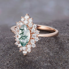 1 Carat Marquise Cut Moss Agate Ring Vintage Cluster Wedding Ring