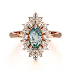 1 Carat Marquise Cut Moss Agate Ring Vintage Cluster Wedding Ring