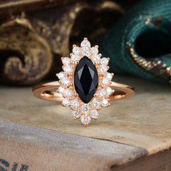 1 Carat Marquise Cut Black Onyx Ring Vintage Cluster Wedding Ring