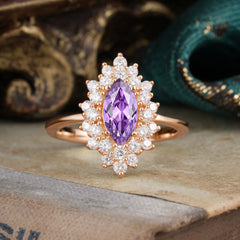1 Carat Marquise Cut Amethyst Ring Vintage Cluster Wedding Ring