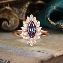 1 Carat Marquise Cut Alexandrite Ring Vintage Cluster Wedding Ring