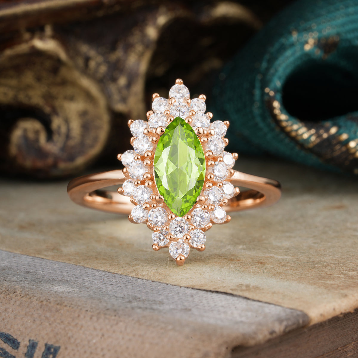 1 Carat Marquise Cut Peridot Ring Vintage Cluster Engagement Ring - Romalar Jewelry