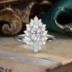 1 Carat Classic Luxury Vintage 4-Prong Marquise Cut Moissanite Ring Cluster Wedding Ring