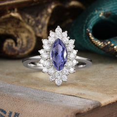 1 Carat Marquise Cut Tanzanite Ring Vintage Cluster Wedding Ring