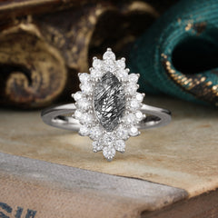 1 Carat Marquise Cut Black Rutilated Quartz Ring Vintage Cluster Wedding Ring