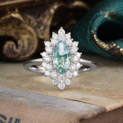 1 Carat Marquise Cut Moss Agate Ring Vintage Cluster Wedding Ring