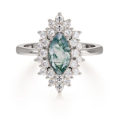 1 Carat Marquise Cut Moss Agate Ring Vintage Cluster Wedding Ring