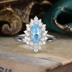 1 Carat Marquise Cut Aquamarine Ring Vintage Cluster Wedding Ring