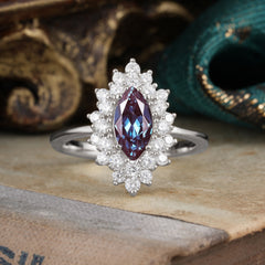1 Carat Marquise Cut Alexandrite Ring Vintage Cluster Wedding Ring