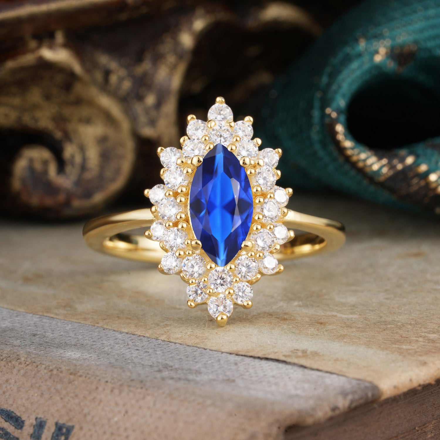 1 Carat Marquise Cut Sapphire Ring Vintage Cluster Engagement Ring