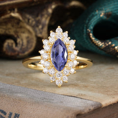 1 Carat Marquise Cut Tanzanite Ring Vintage Cluster Wedding Ring