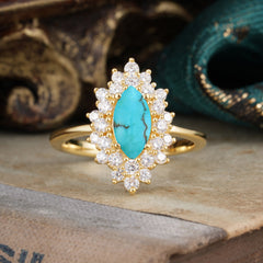 1 Carat Marquise Cut Turquoise Ring – Vintage Cluster Engagement Ring for Women
