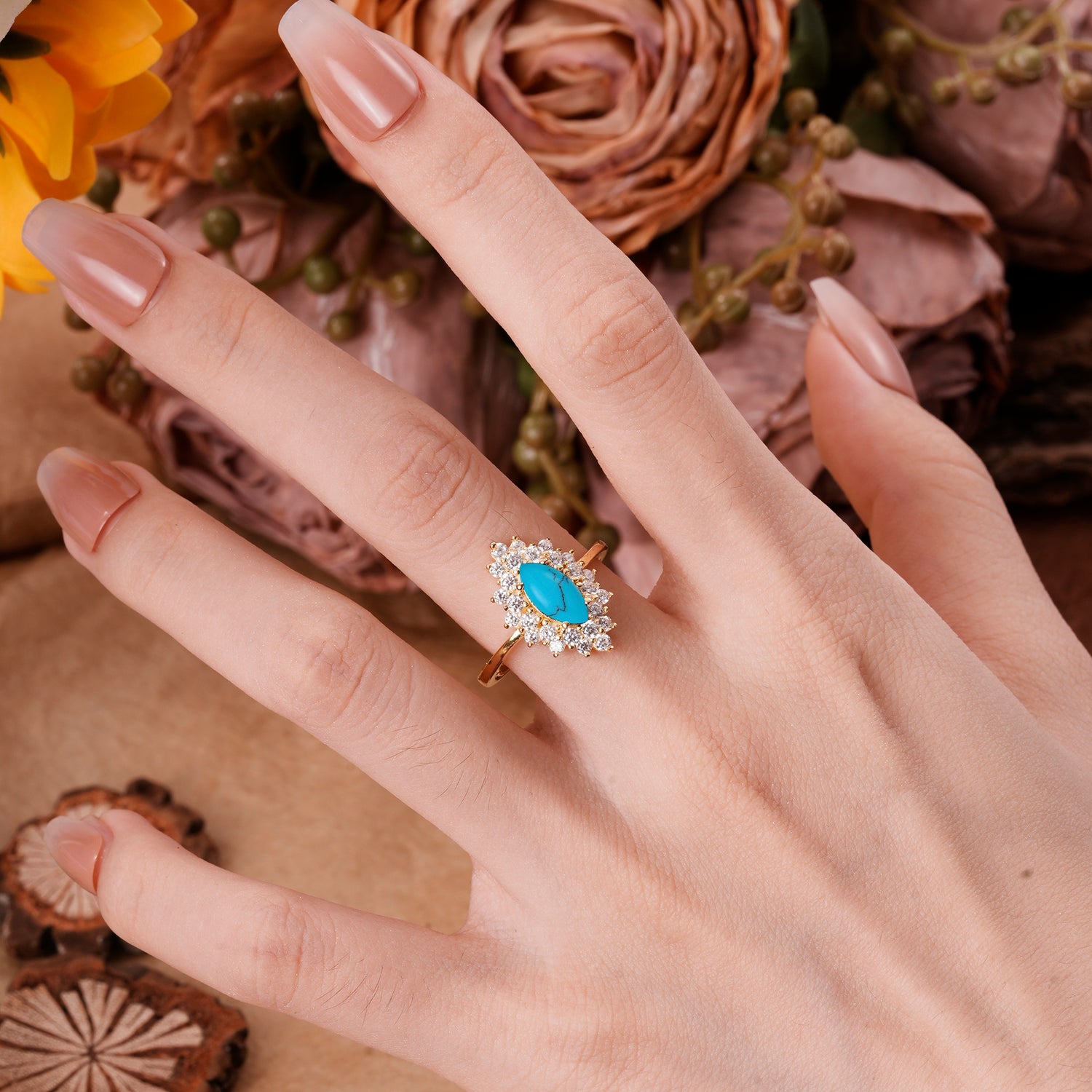 1 Carat Marquise Cut Turquoise Ring – Vintage Cluster Engagement Ring for Women