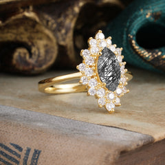 1 Carat Marquise Cut Black Rutilated Quartz Ring Vintage Cluster Wedding Ring