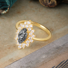 1 Carat Marquise Cut Black Rutilated Quartz Ring Vintage Cluster Wedding Ring