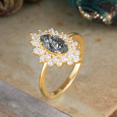 1 Carat Marquise Cut Black Rutilated Quartz Ring Vintage Cluster Wedding Ring