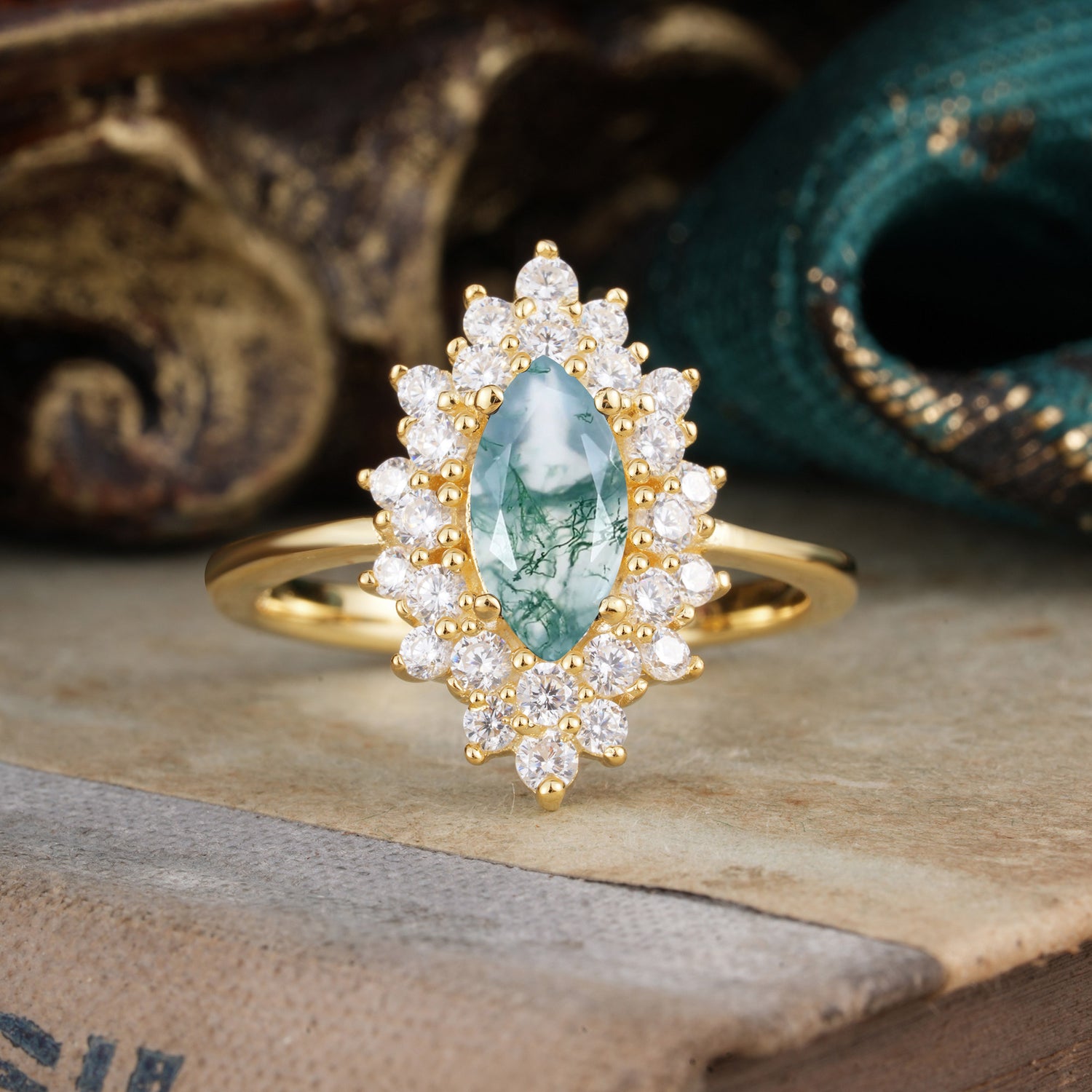 1 Carat Marquise Cut Moss Agate Ring Vintage Cluster Engagement Ring