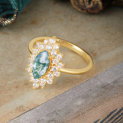 1 Carat Marquise Cut Moss Agate Ring Vintage Cluster Wedding Ring