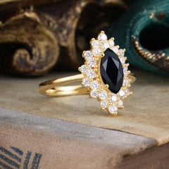 1 Carat Marquise Cut Black Onyx Ring Vintage Cluster Wedding Ring