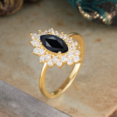 1 Carat Marquise Cut Black Onyx Ring Vintage Cluster Wedding Ring