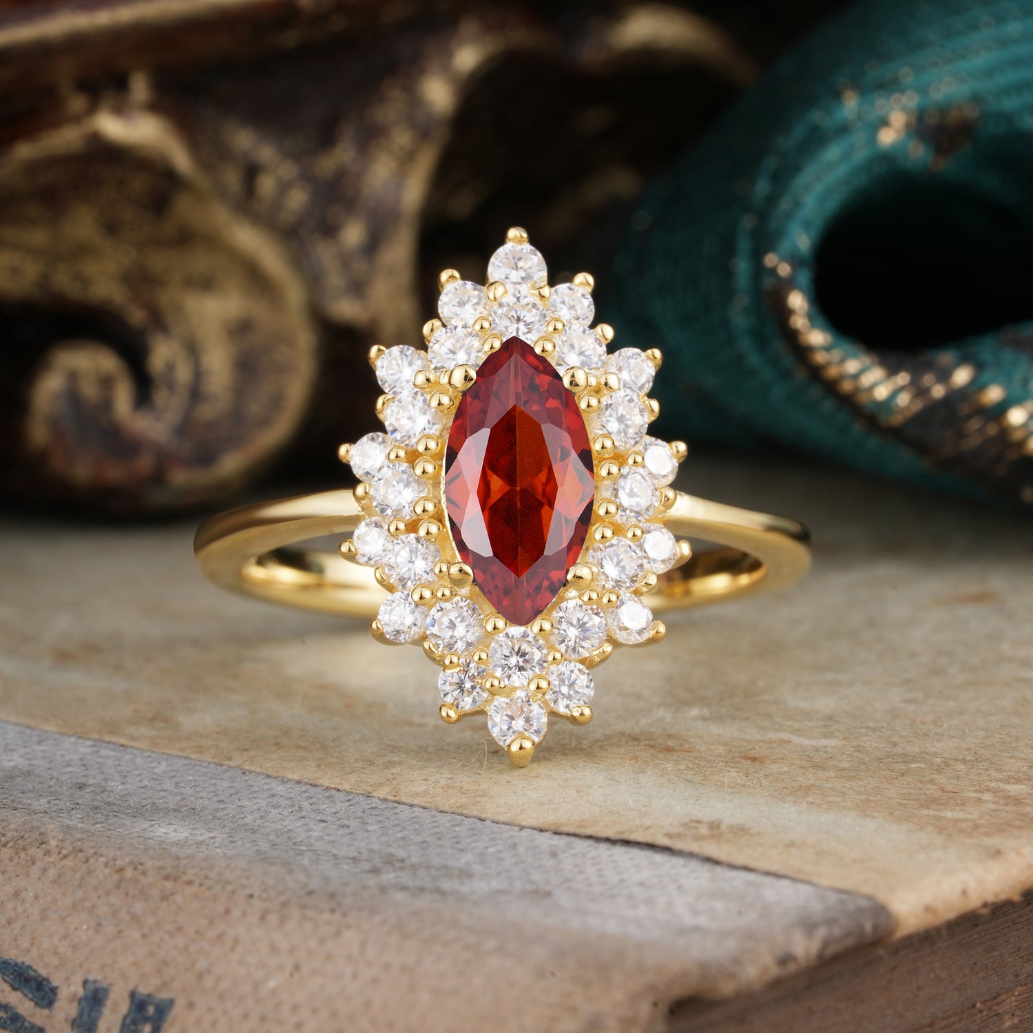 1 Carat Marquise Cut Garnet Ring Vintage Cluster Engagement Ring - Romalar Jewelry
