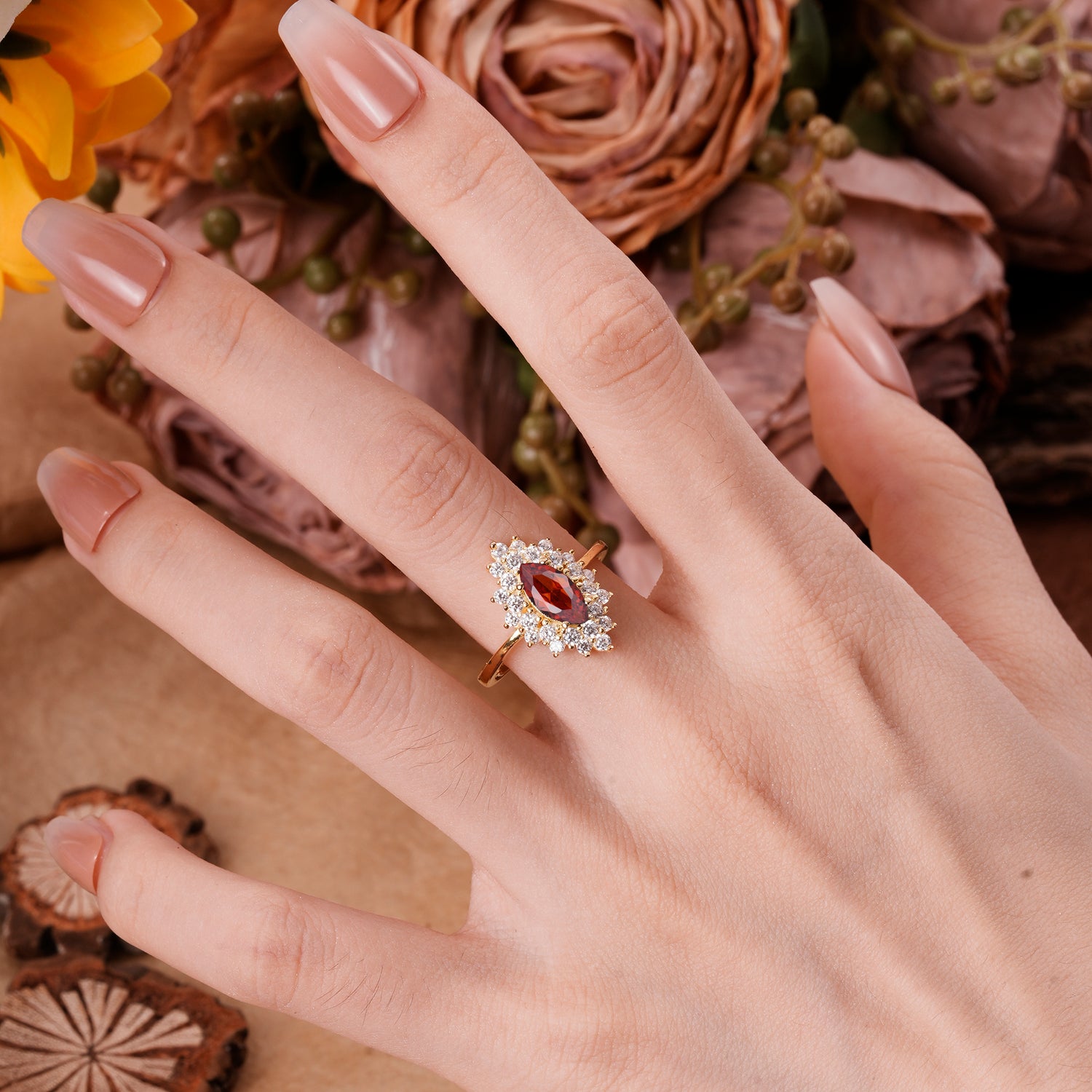1 Carat Marquise Cut Garnet Ring Vintage Cluster Engagement Ring - Romalar Jewelry