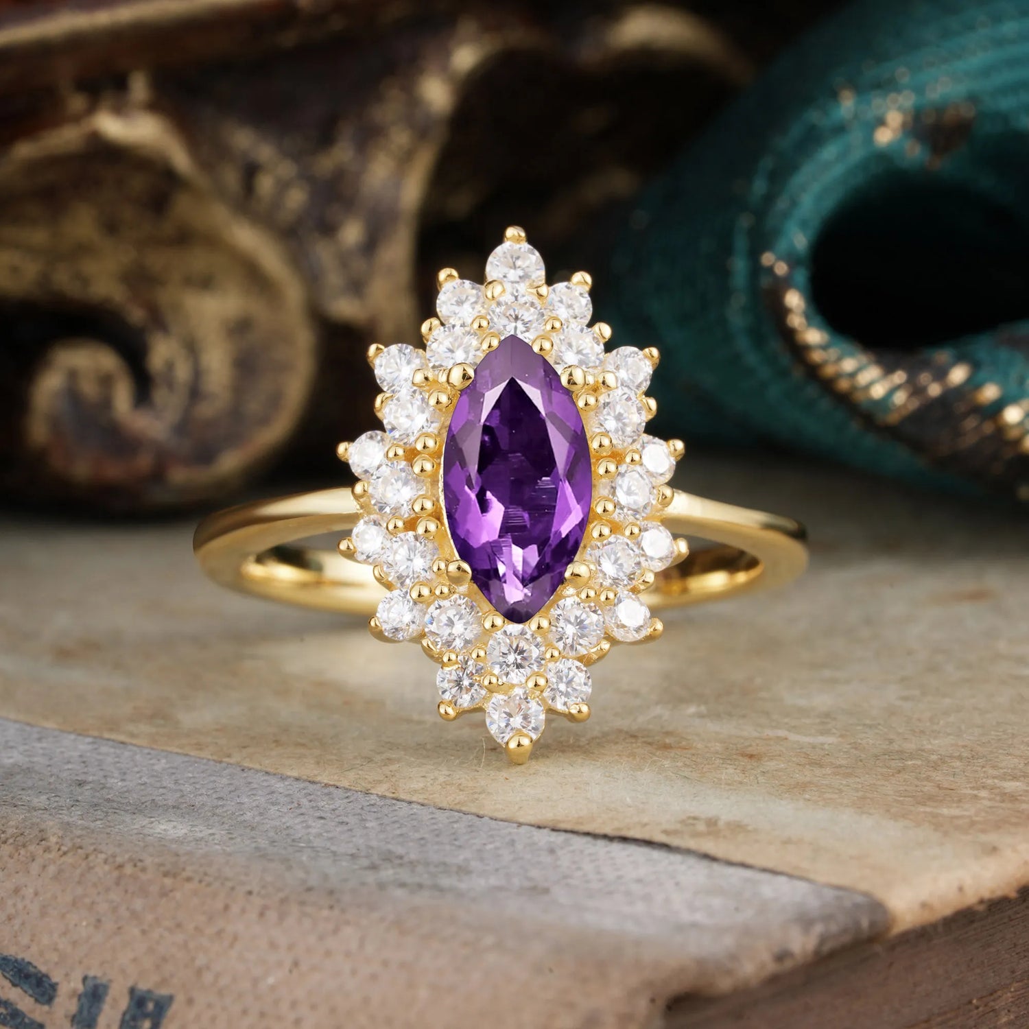 1 Carat Marquise Cut Amethyst Ring Vintage Cluster Engagement Ring
