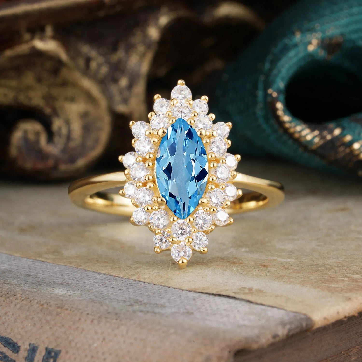 1 Carat Marquise Cut Aquamarine Ring Vintage Cluster Engagement Ring