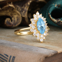 1 Carat Marquise Cut Aquamarine Ring Vintage Cluster Wedding Ring