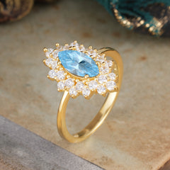 1 Carat Marquise Cut Aquamarine Ring Vintage Cluster Wedding Ring