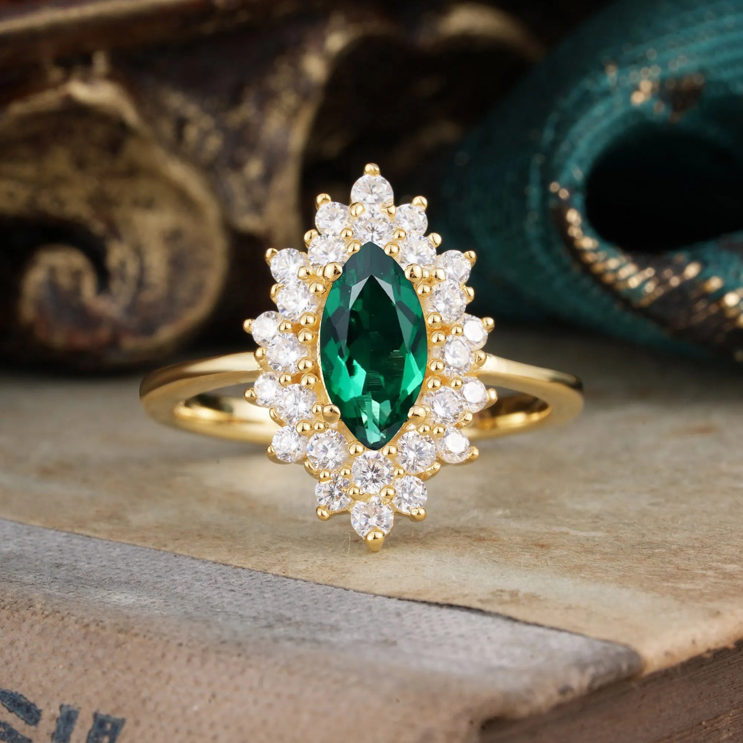 1 Carat Marquise Cut Emerald Ring Vintage Cluster Engagement Ring