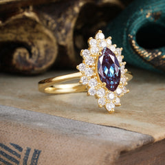 1 Carat Marquise Cut Alexandrite Ring Vintage Cluster Wedding Ring