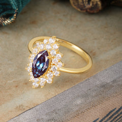 1 Carat Marquise Cut Alexandrite Ring Vintage Cluster Wedding Ring
