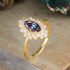 1 Carat Marquise Cut Alexandrite Ring Vintage Cluster Wedding Ring