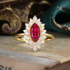 1 Carat Marquise Cut Ruby Ring Vintage Cluster Wedding Ring