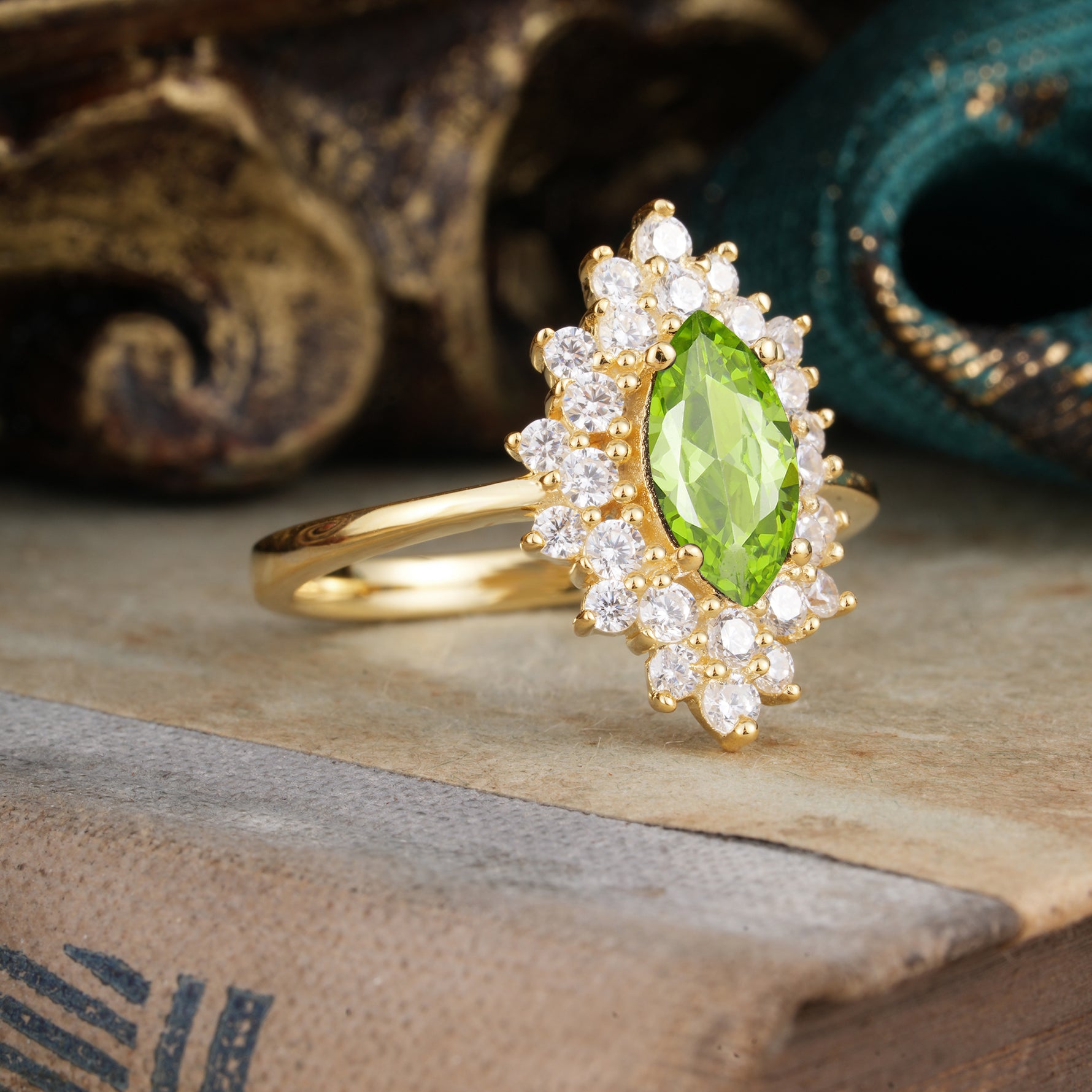 1 Carat Marquise Cut Peridot Ring Vintage Cluster Engagement Ring - Romalar Jewelry