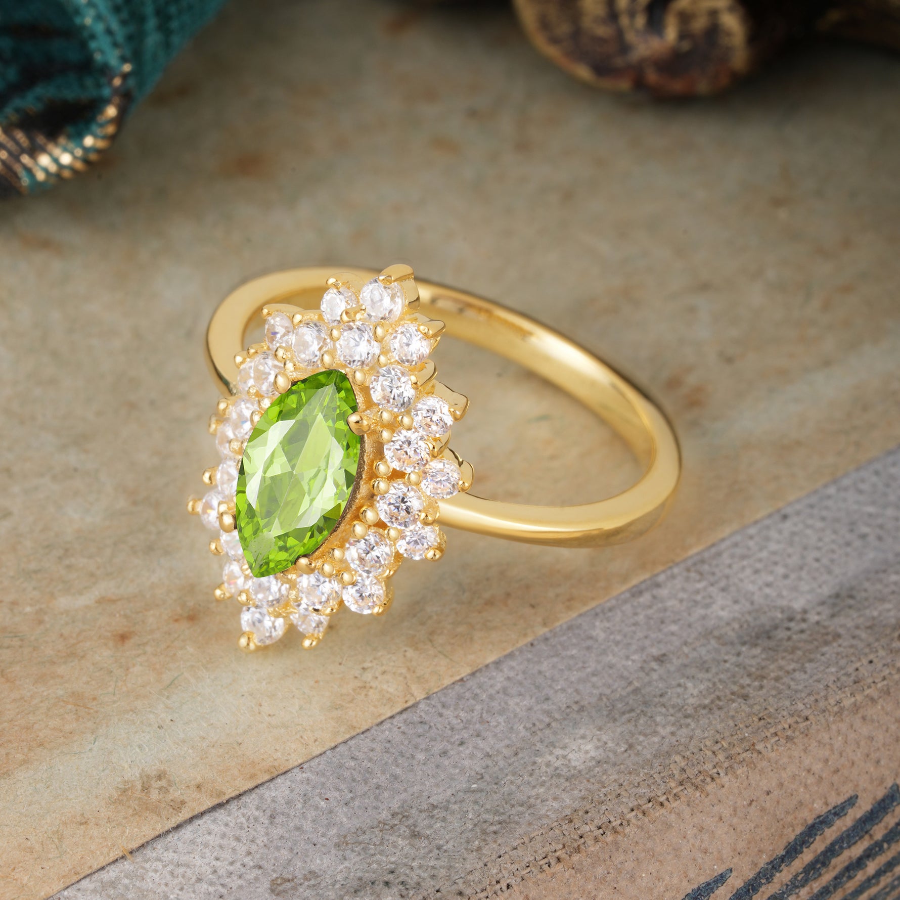 1 Carat Marquise Cut Peridot Ring Vintage Cluster Engagement Ring - Romalar Jewelry