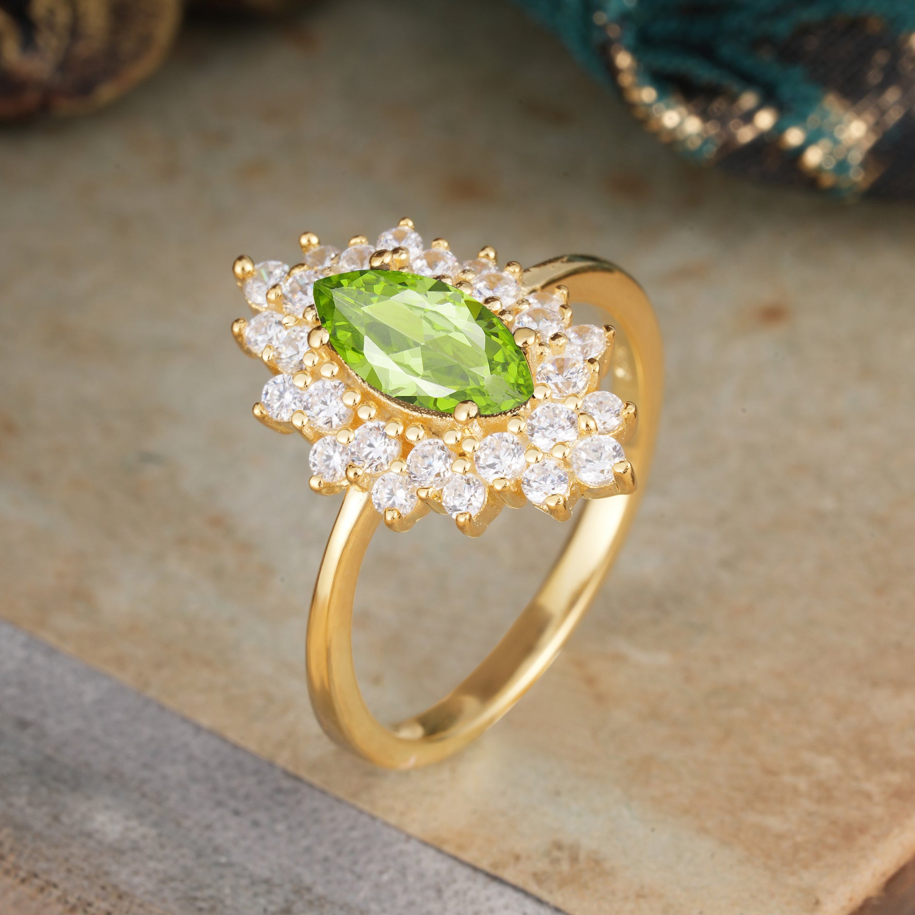 1 Carat Marquise Cut Peridot Ring Vintage Cluster Engagement Ring - Romalar Jewelry