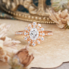 Floral Designed Cluster Ring 1 Carat Oval Cut Vintage Moissanite Ring