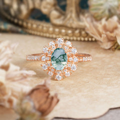 Floral Designed Cluster Ring 1 Carat Oval Cut Vintage Moss Agate Ring