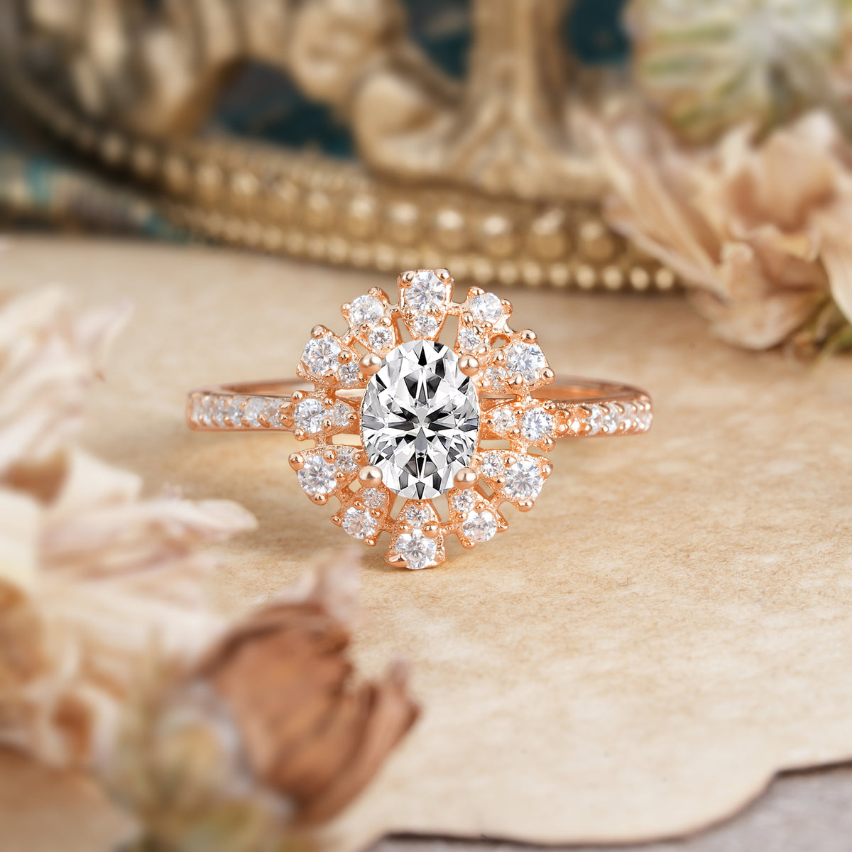 Floral Designed Cluster Ring 1 Carat Oval Cut Vintage Lab Diamond Engagement Ring - Romalar Jewelry