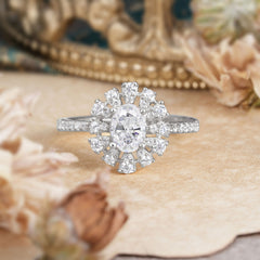 Floral Designed Cluster Ring 1 Carat Oval Cut Vintage Moissanite Ring