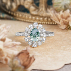 Floral Designed Cluster Ring 1 Carat Oval Cut Vintage Moss Agate Ring