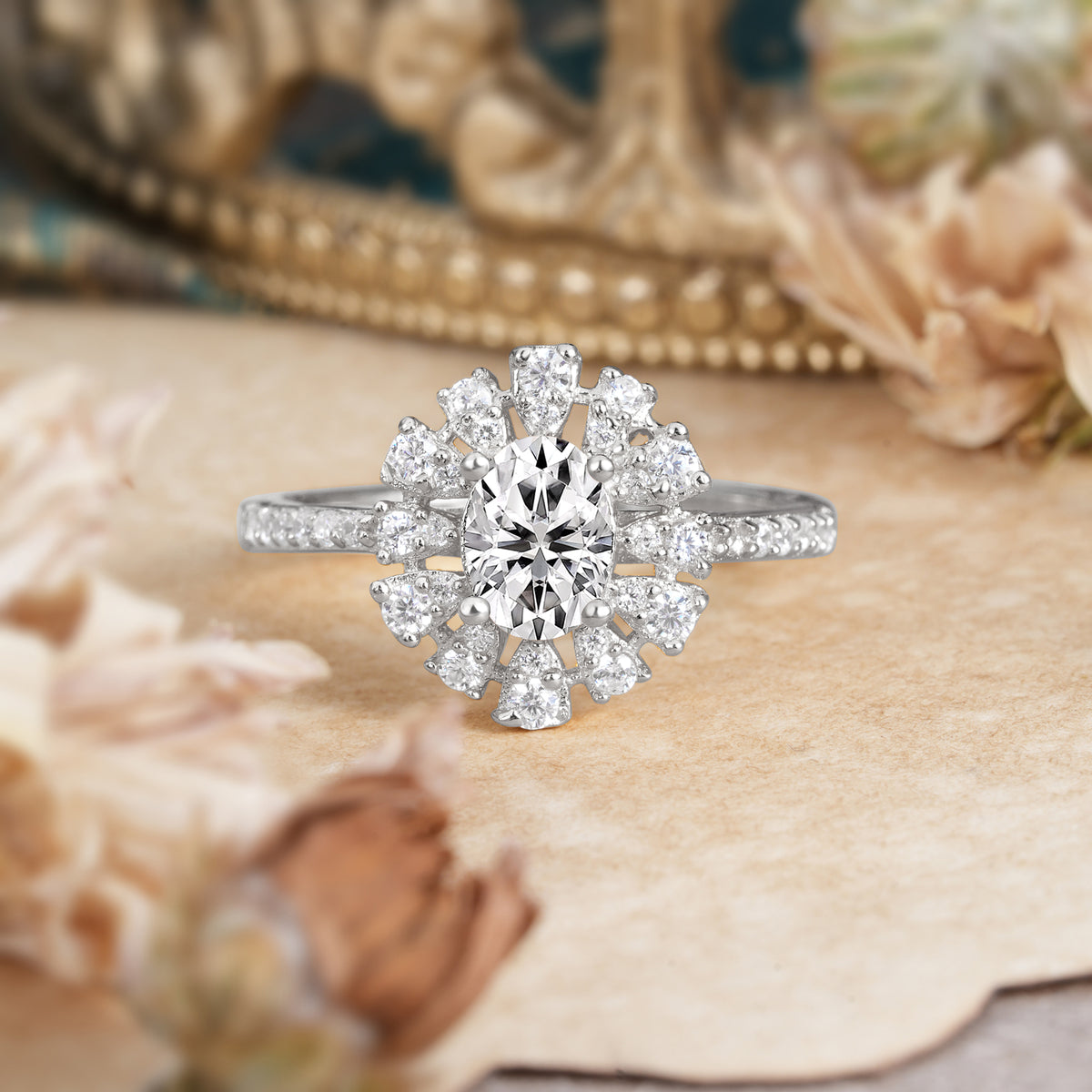 Floral Designed Cluster Ring 1 Carat Oval Cut Vintage Lab Diamond Engagement Ring - Romalar Jewelry