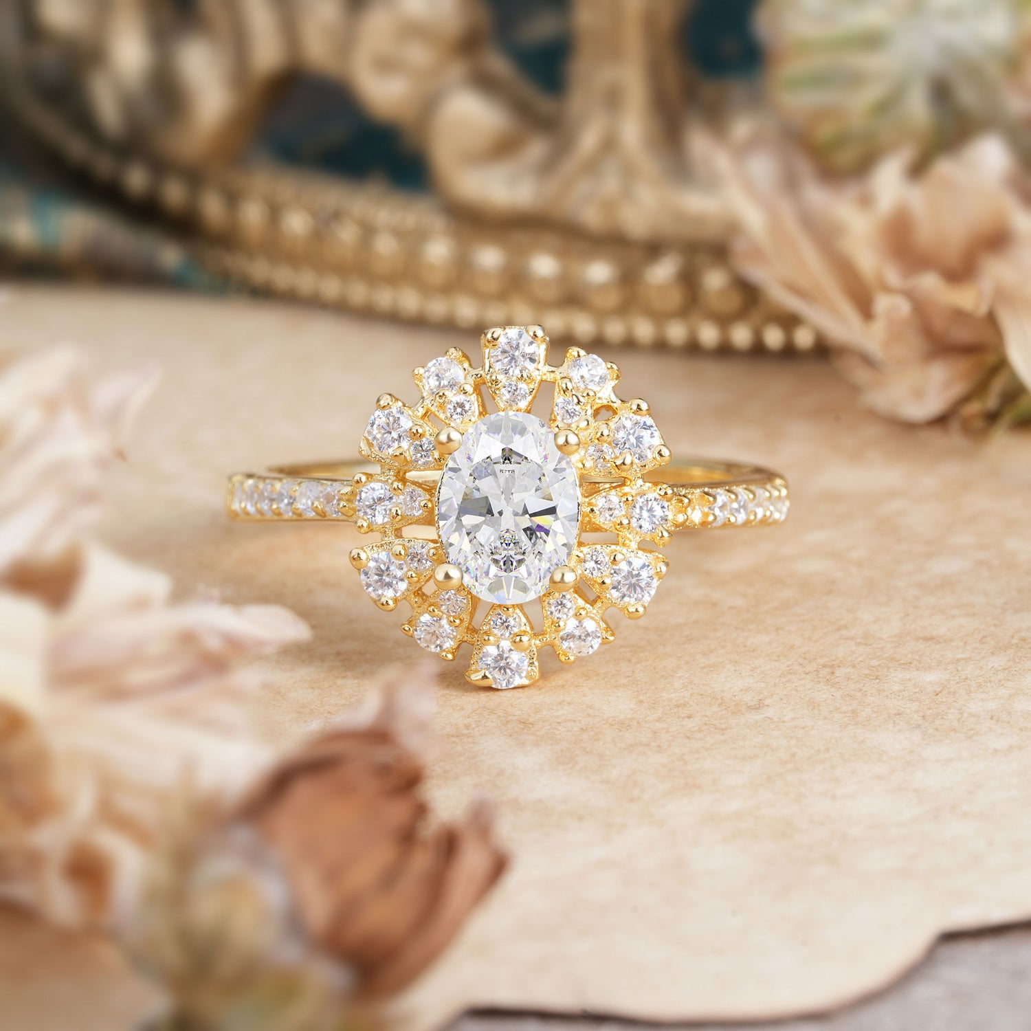 Floral Designed Cluster Ring 1 Carat Oval Cut Vintage Moissanite Engagement Ring