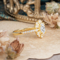 Floral Designed Cluster Ring 1 Carat Oval Cut Vintage Moissanite Ring