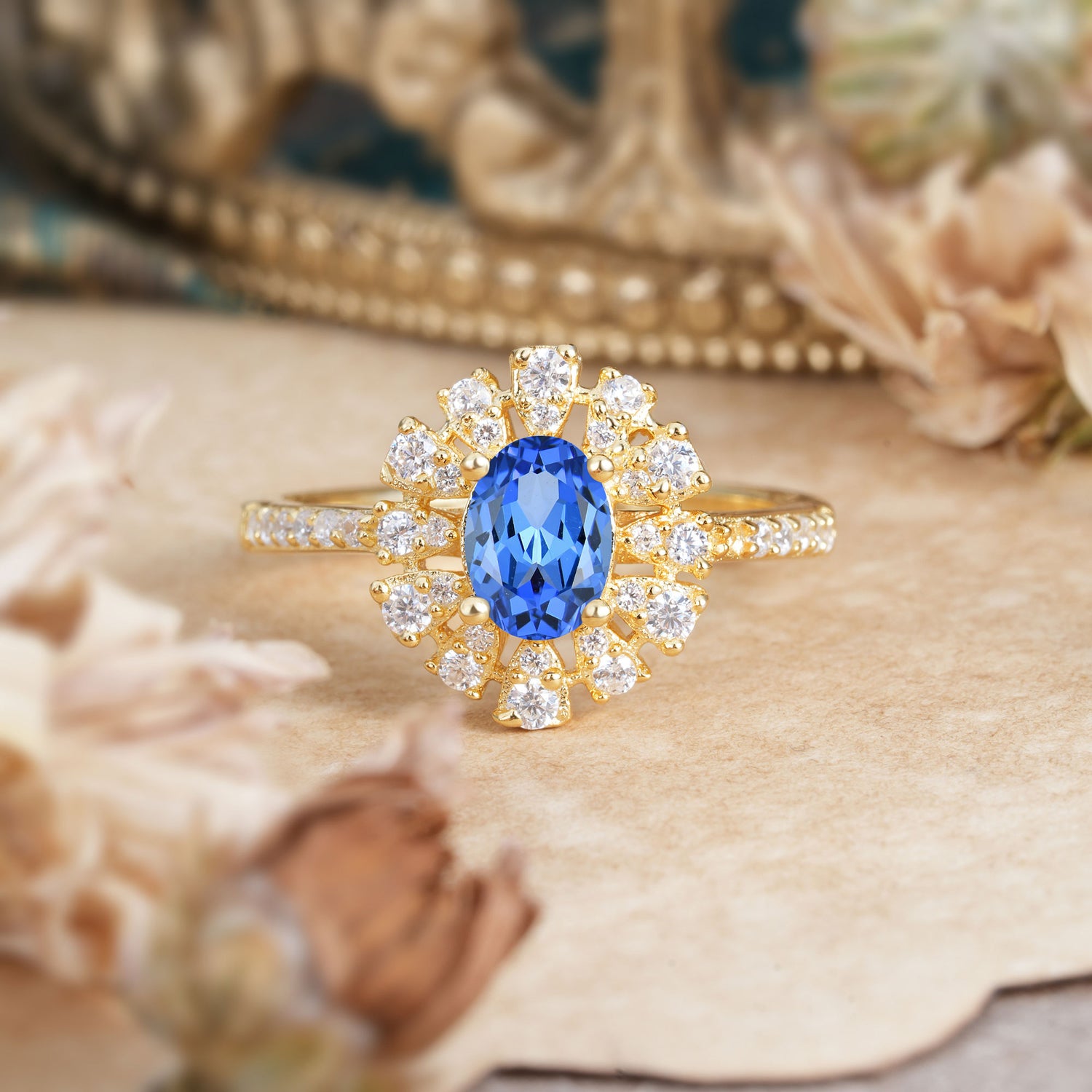 Floral Designed Cluster Ring 1 Carat Oval Cut Vintage Sapphire Engagement Ring - Romalar Jewelry